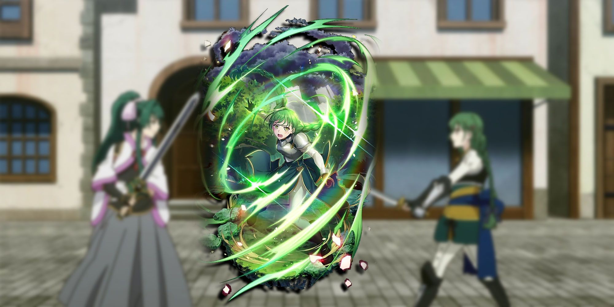 The Rising Of The Shield Hero - Rishia Squaring Off Against Yomogi With A PNG Of Rishia From The Rerise Mobile Game Overlaid On Top