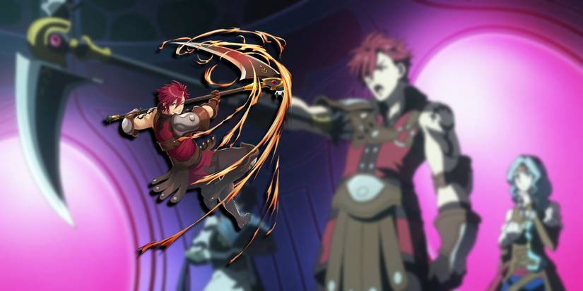 The Rising Of The Shield Hero L'arc Pointing His Scythe With A PNG From The Mobile Game Of Him Overlaid On Top