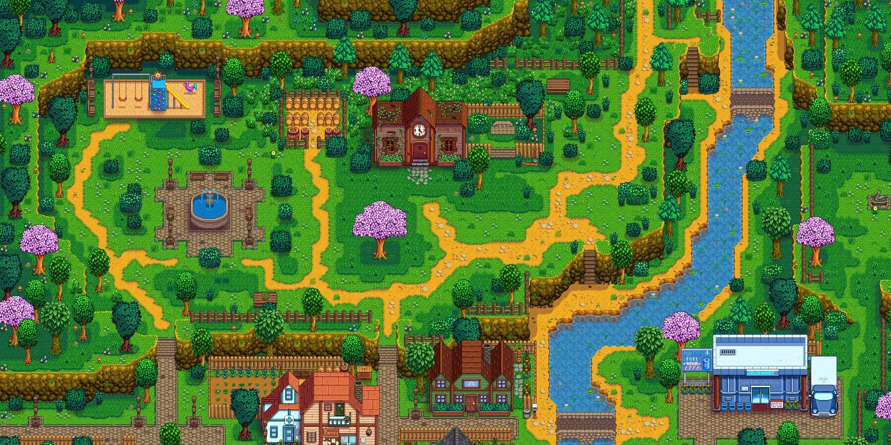 The View of Pelican Town in Stardew Valley