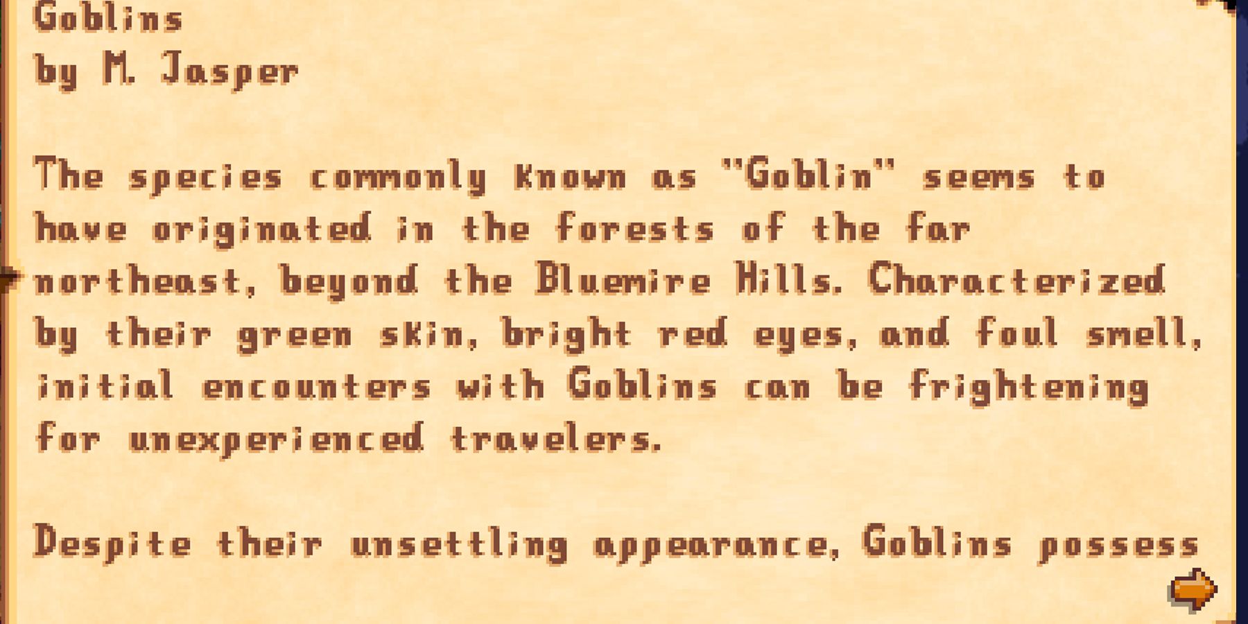 The book Goblins by M Jasper in Stardew Valley