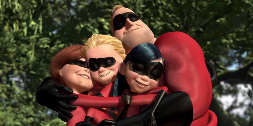The family hugs in the jungle in The Incredibles