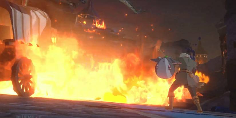 The player deflecting an attack in Cross Worlds