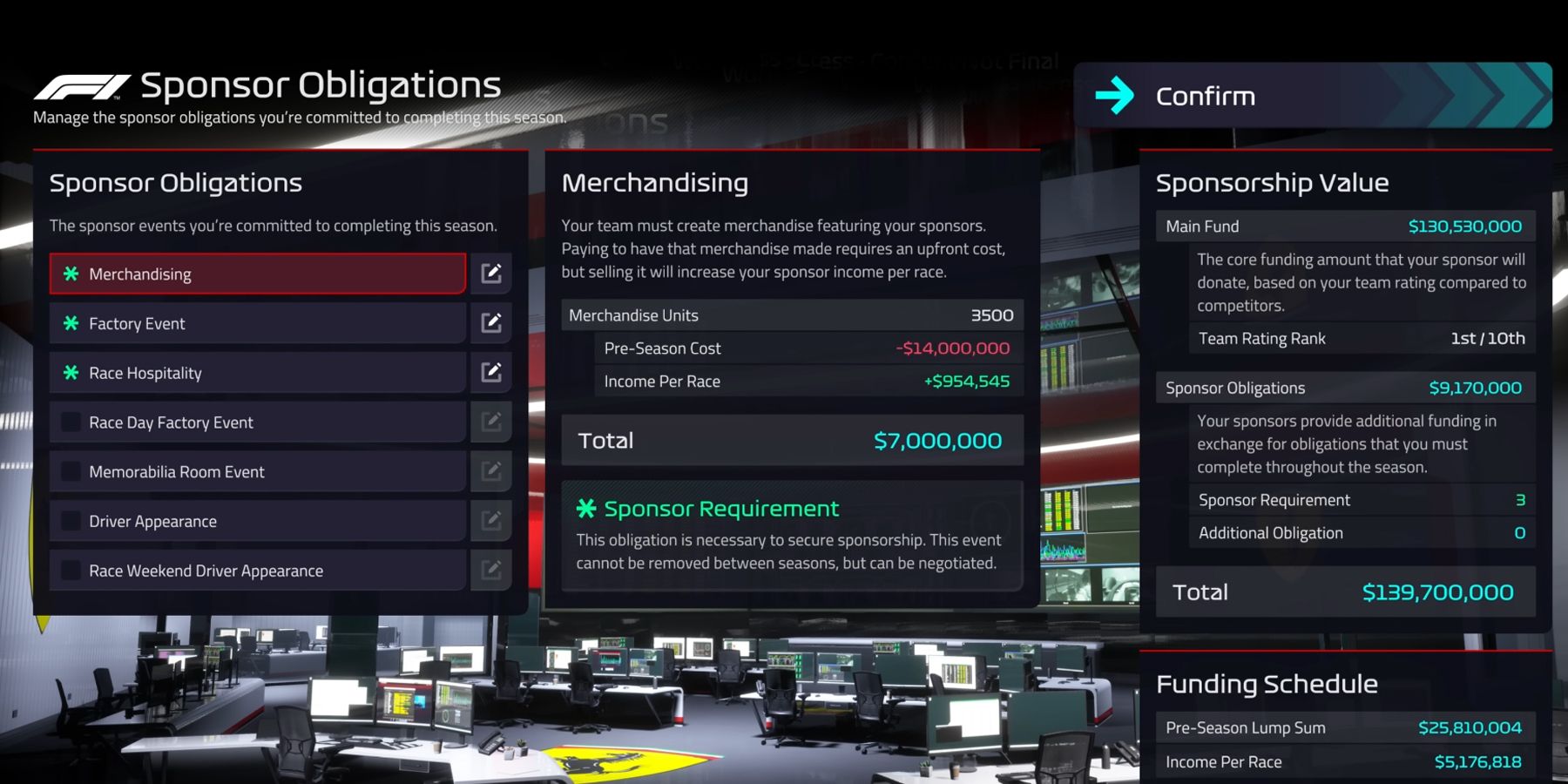 The sponsors menu in F1 Manager 2022