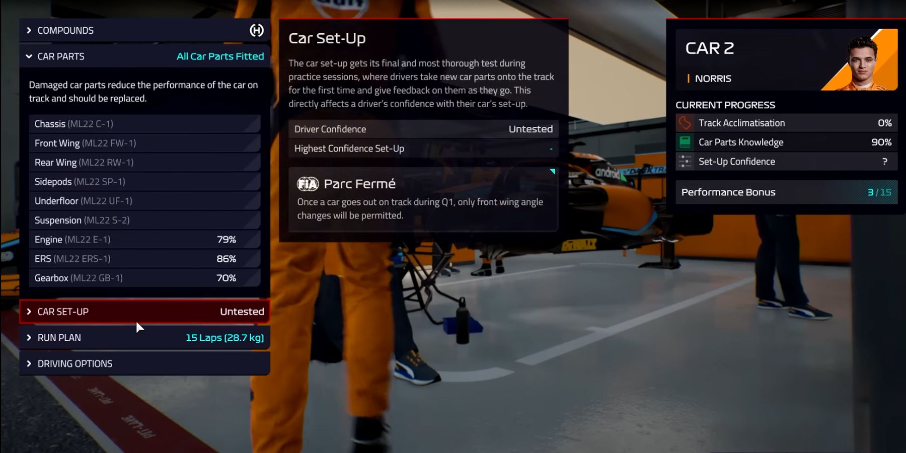 The status of car parts in F1 Manager 2022