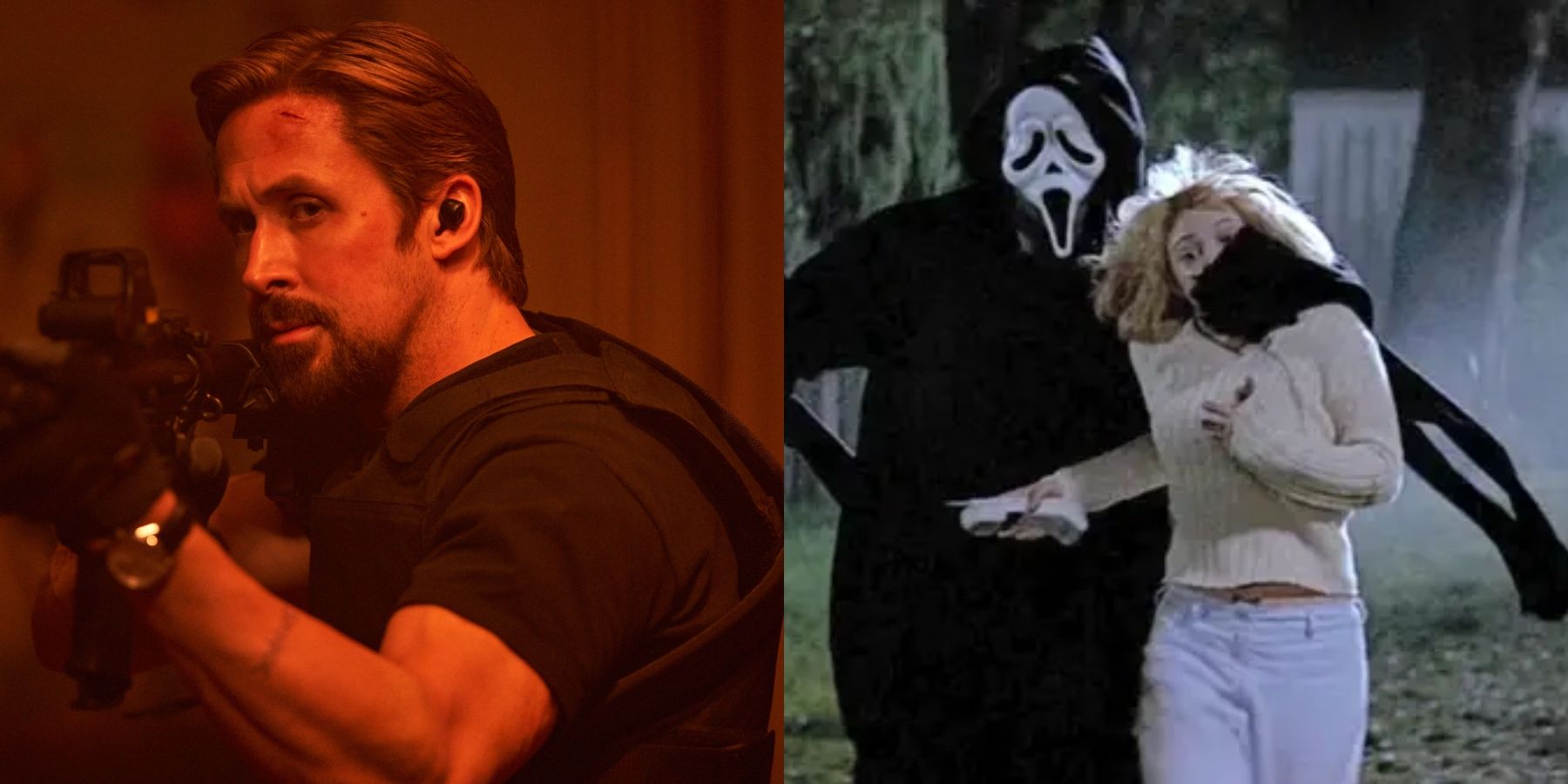 Split image of Ryan Gosling in The Gray Man and Ghostface and Drew Barrymore in Scream (1996)