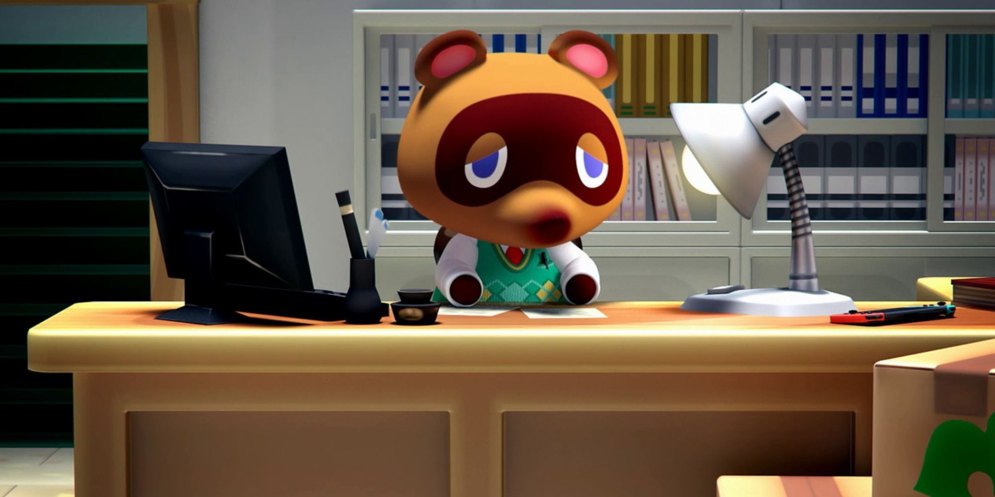 Tom Nook sat at desk in a promotional video for Animal Crossing New Horizons
