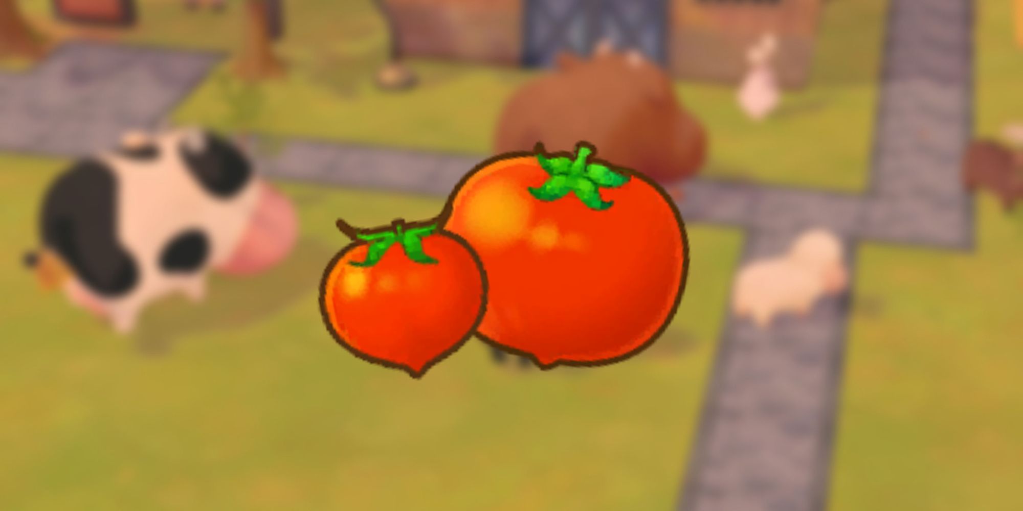 Tomato and Giant Tomato icon as it would be seen in players inventory over blurred background of player and cows in game