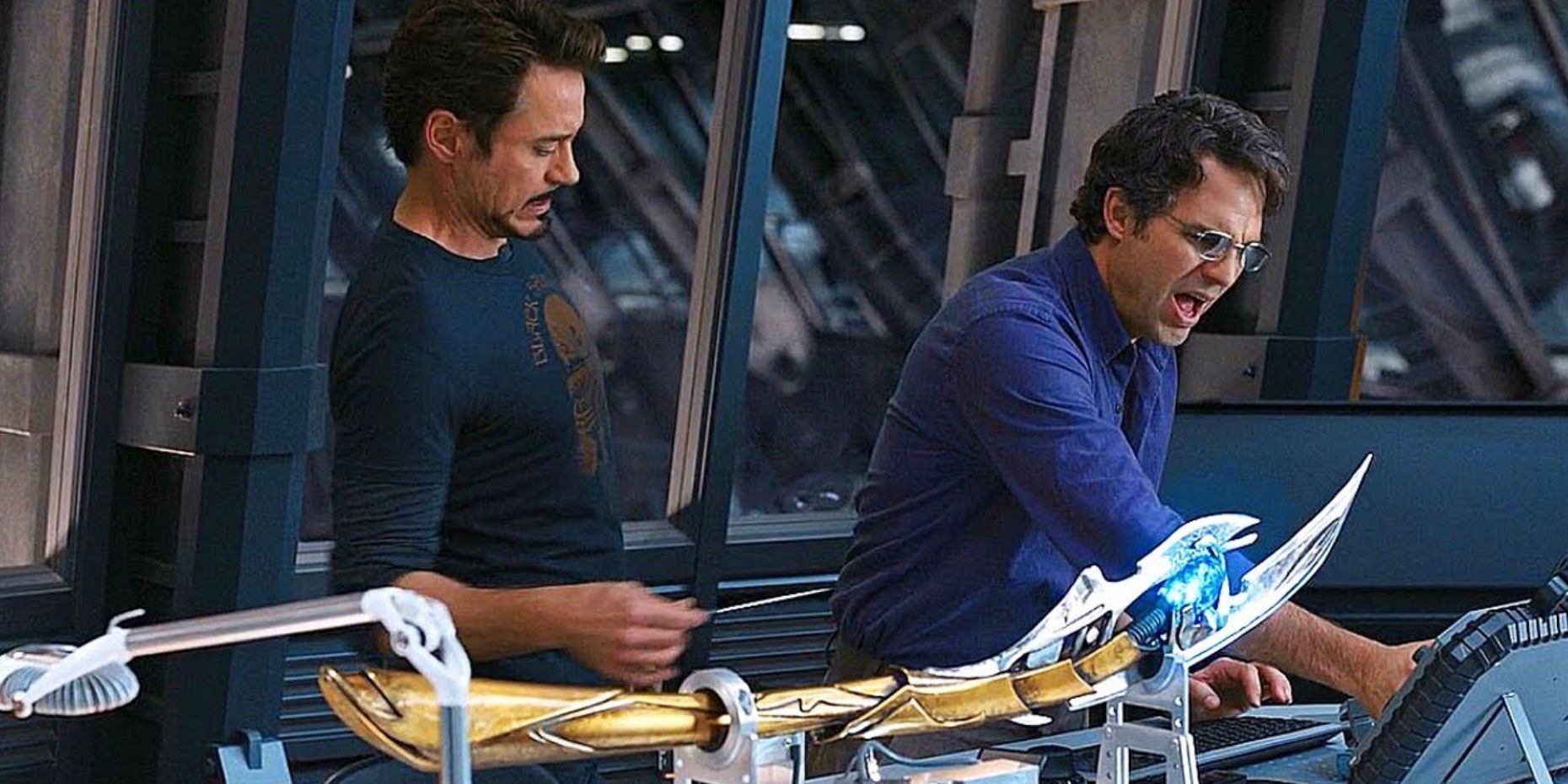 Tony pokes Bruce in the helicarries lab in The Avengers