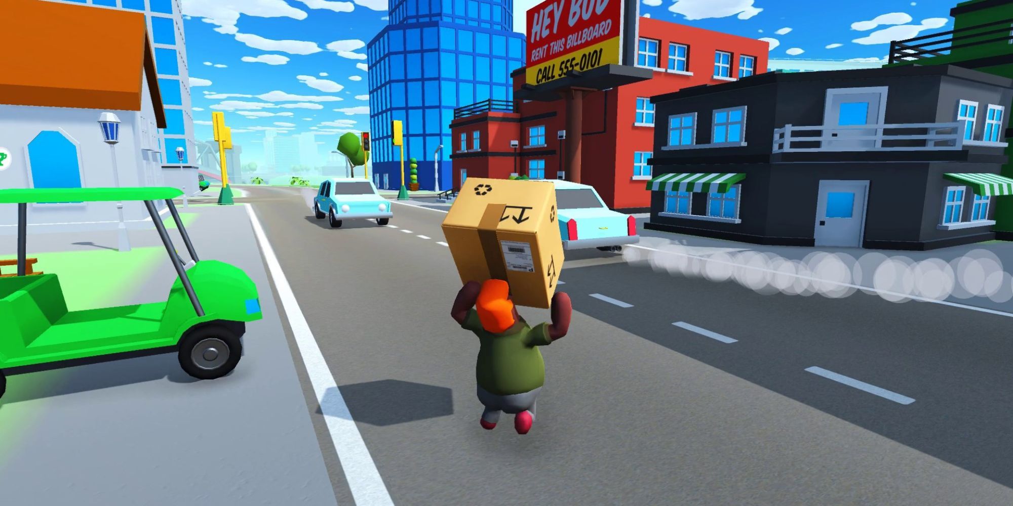 Игрок, несущий коробку через дорогу, по которой едут машины, в Totally Reliable Delivery Service