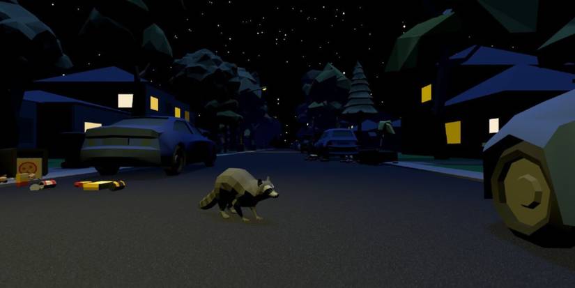 The raccoon in Trash Panda in the middle of the street surrounded by mess he's made