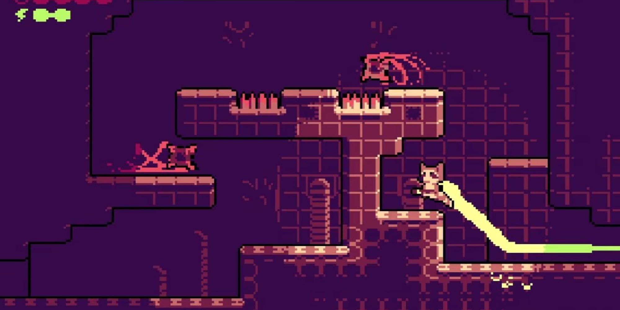 Игрок в середине прыжка на уровне Trash Quest перемещается по опасной среде.
