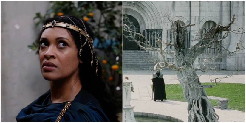 Miriel in The Lord of the Rings: The Rings of Power and the White Tree in Return of the King
