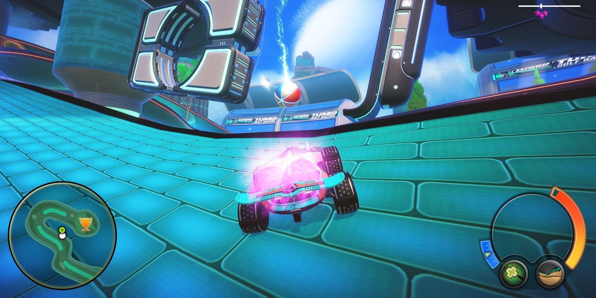 Performing a shortcut as a ball falls to the ground in Turbo Golf Racing