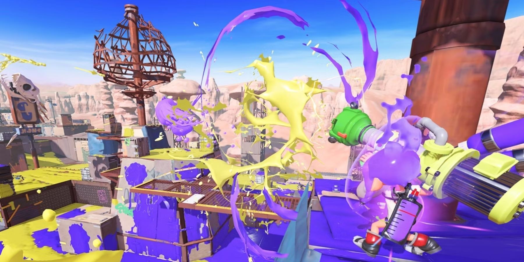 A Splatoon 3 turf war between yellow and purple teams