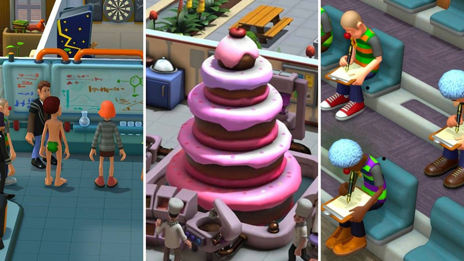 Two Point Campus Funniest Moments showing a nude student, a cake and a class of clowns