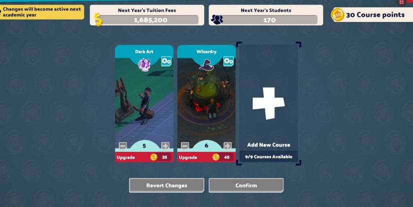 Two Point Campus Upgrade Screen AT The End Of The Year