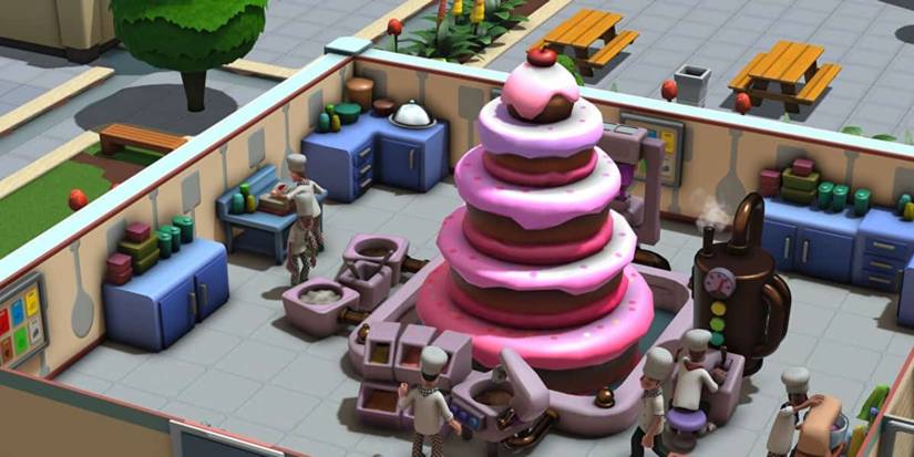 Students building a giant cake in a class in Two Point Campus