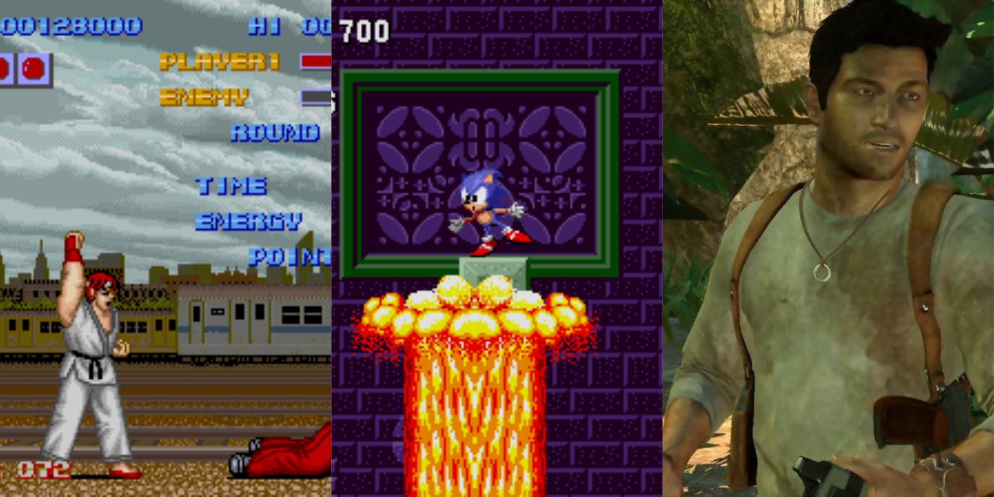 Split image: Left - Ryu from the first Street Fighter winning a fight, Middle - Sonic in Marble Zone From Sonic the Hedgehog, Right - Nathan Drake from the first Uncharted