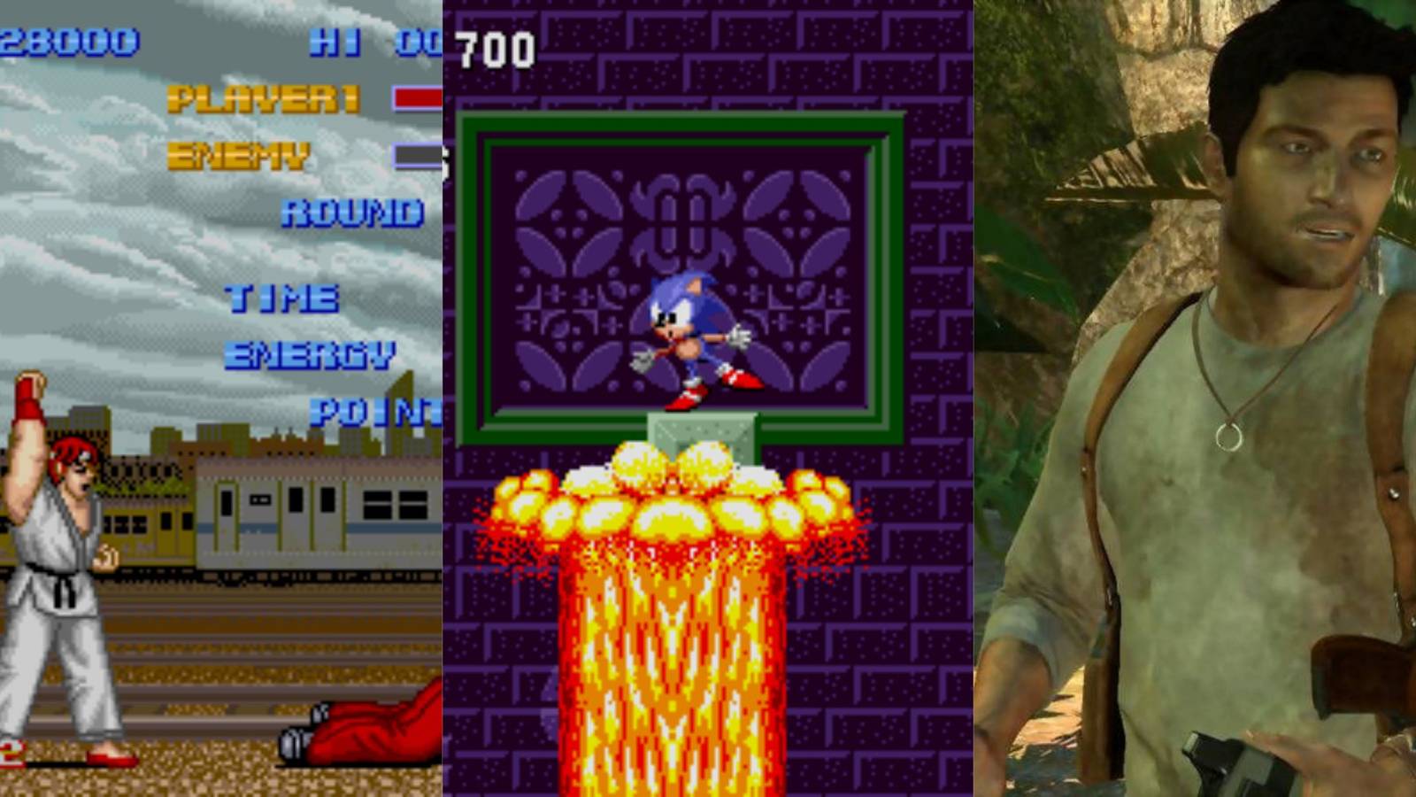 Split image: Left - Ryu from the first Street Fighter winning a fight, Middle - Sonic in Marble Zone From Sonic the Hedgehog, Right - Nathan Drake from the first Uncharted