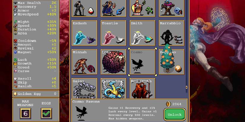 Unlocking Cosmo in the character select screen in Vampire Survivors