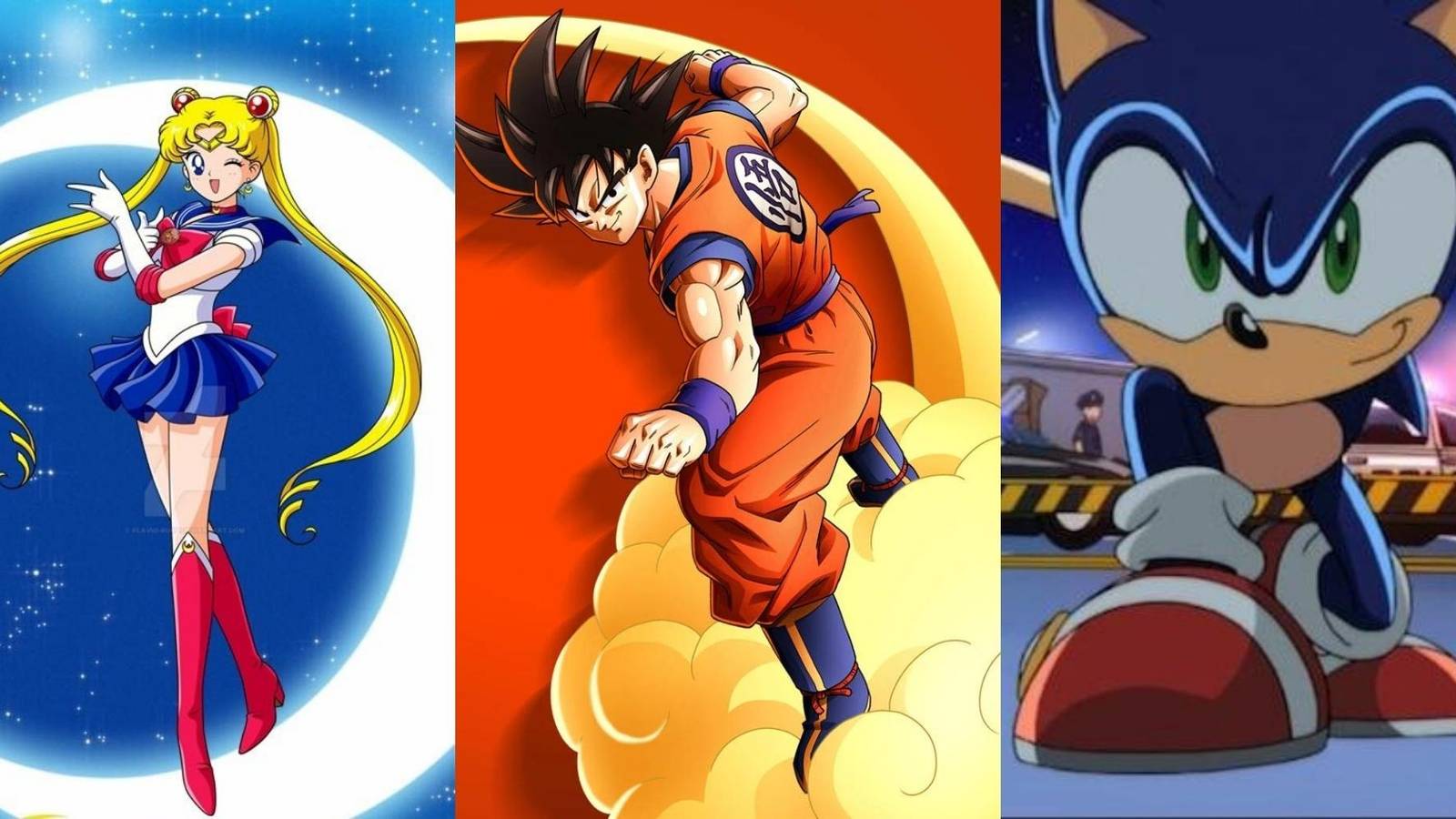 Usagi in Sailor Moon, Goku in Dragon Ball Z, Sonic in Sonic x