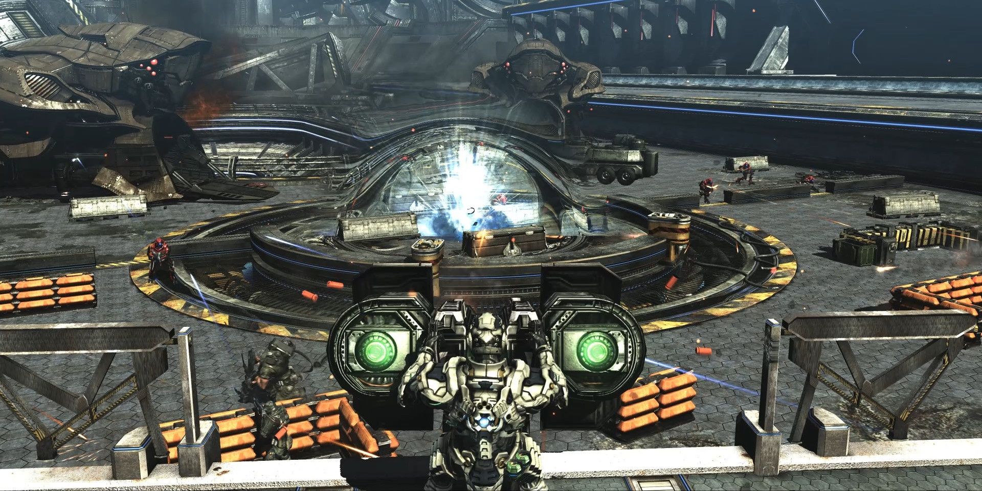 The player shooting at enemies with a turret in Vanquish
