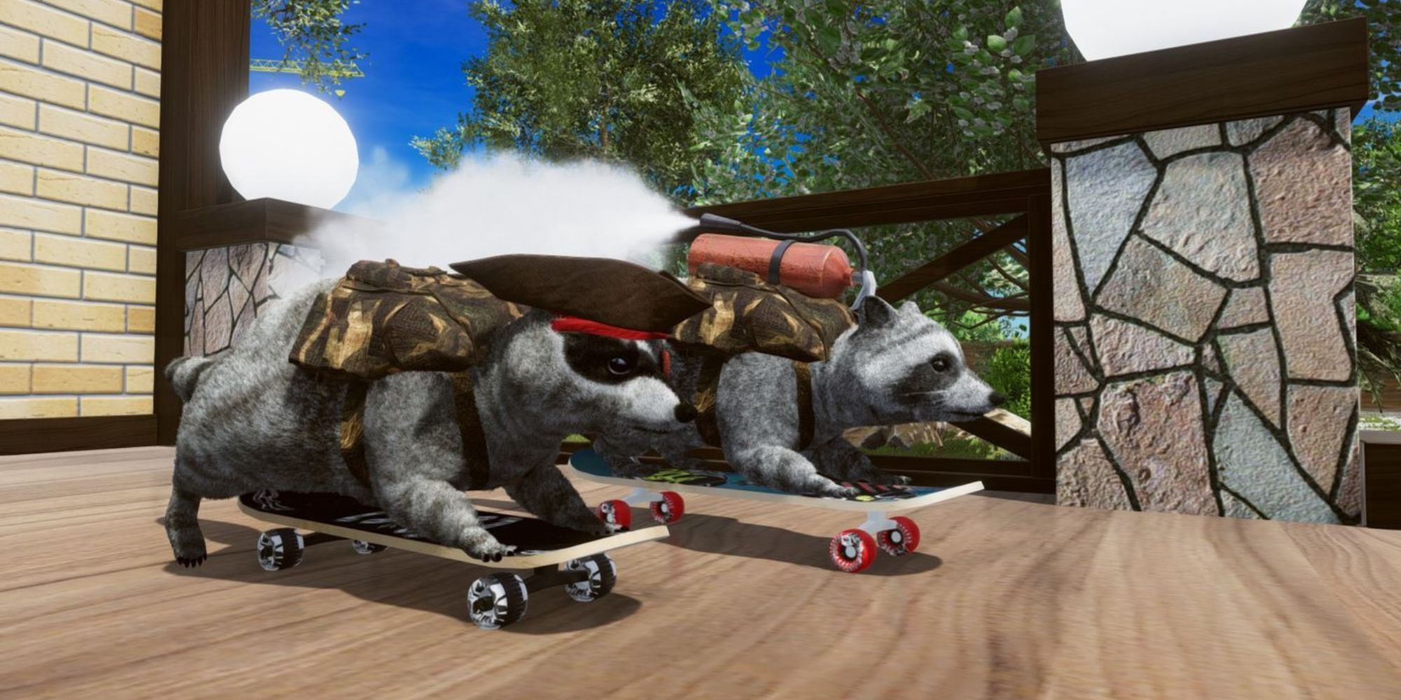 Игрок и енот NPC, одетые на скейтборды, собираются участвовать в гонках в Wanted Raccoon.