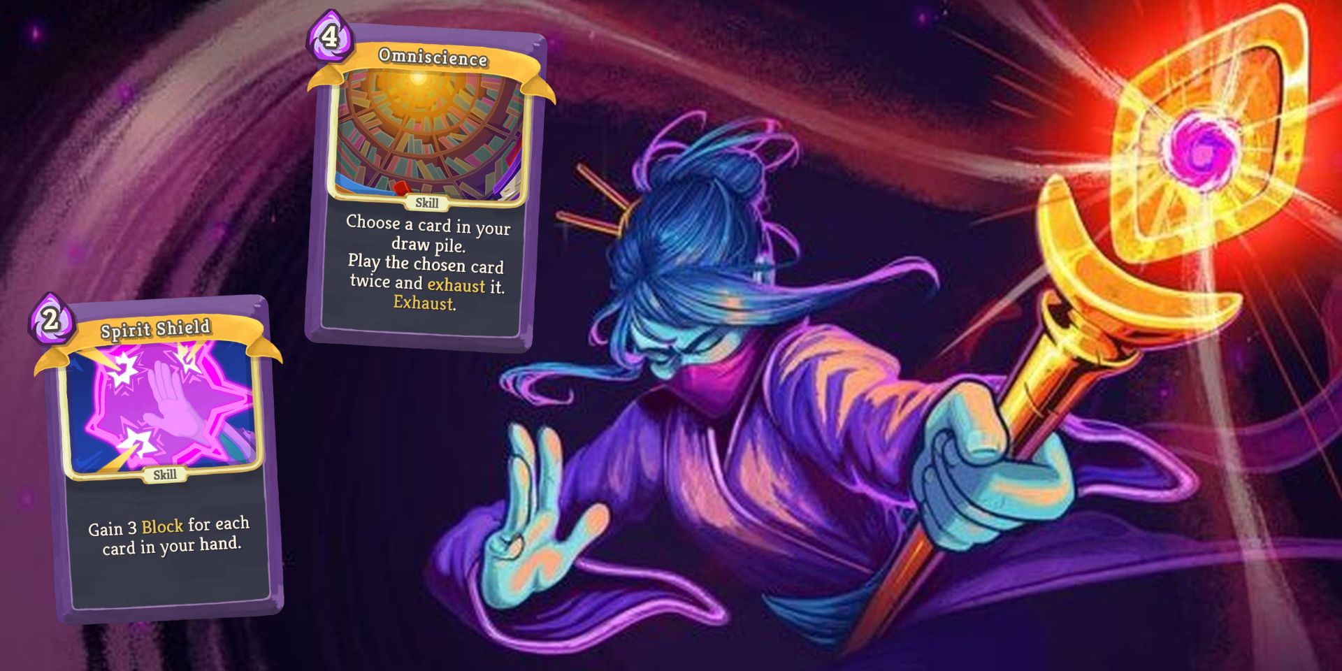 Watcher Title Image, Spirit Shield and Omniscience cards