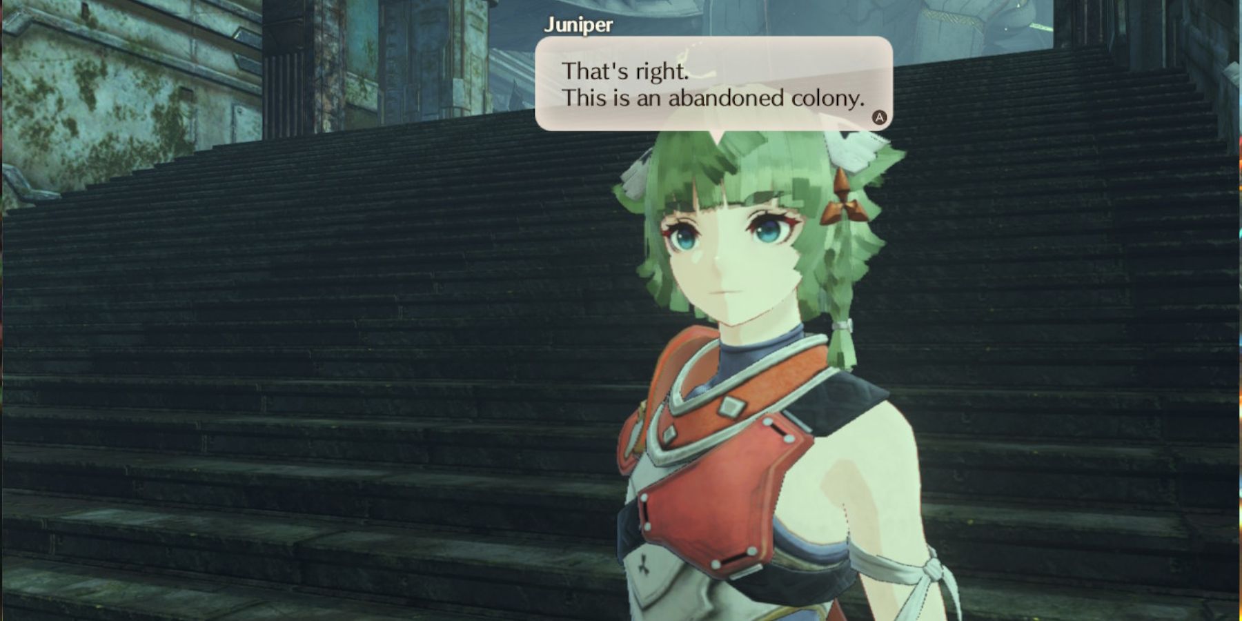 Xenoblade  3 speaking to Juniper at the colony gates