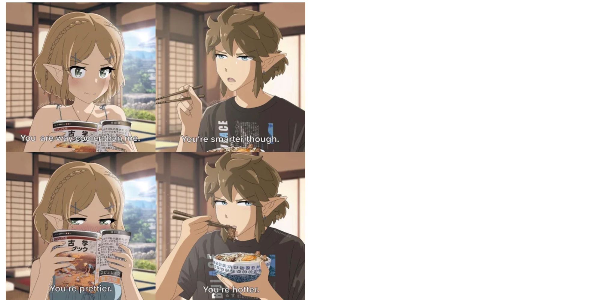 4 Panel comic in anime style, Zelda and Link complimenting each other