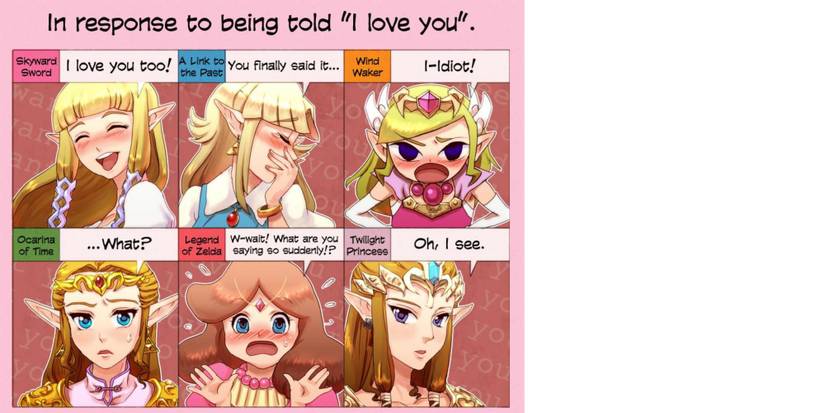 6 panels showing different versions of Zelda responding to being told "I love you"
