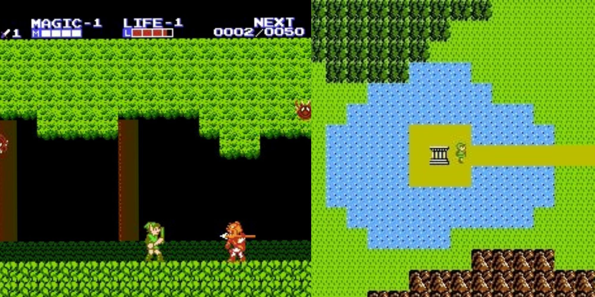 2 Screenshots from Zelda 2: Left - Link in a forest fighting a Moblin, Right - Link on the overworld 