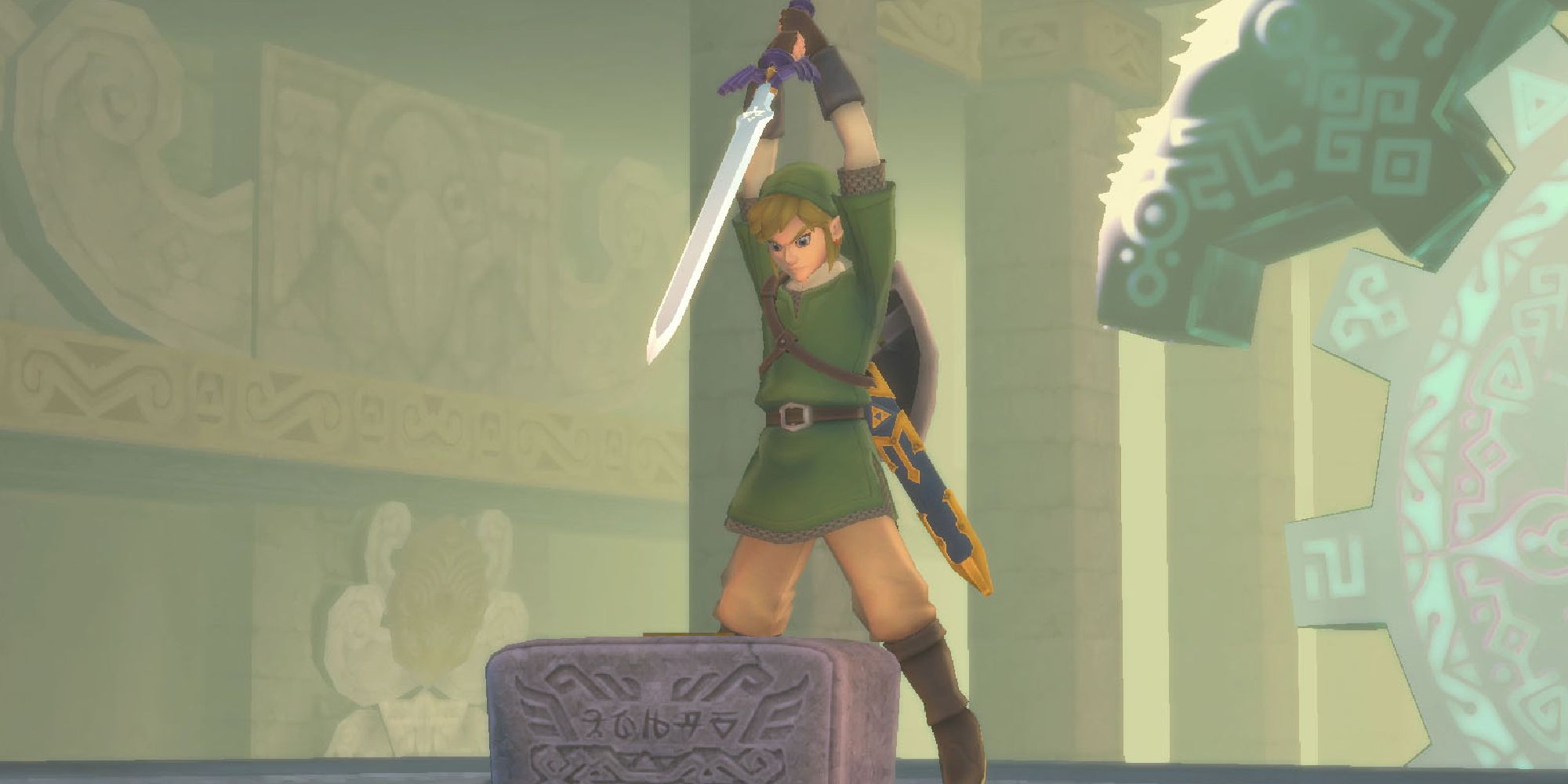 Link putting the Master Sword in its pedestal in Skyward Sword