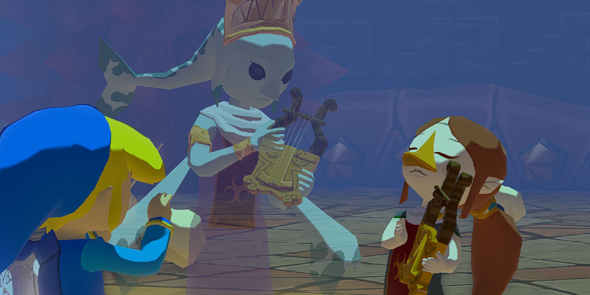 Medli playing her harp with the ghost of Laruto and Link in Wind Waker