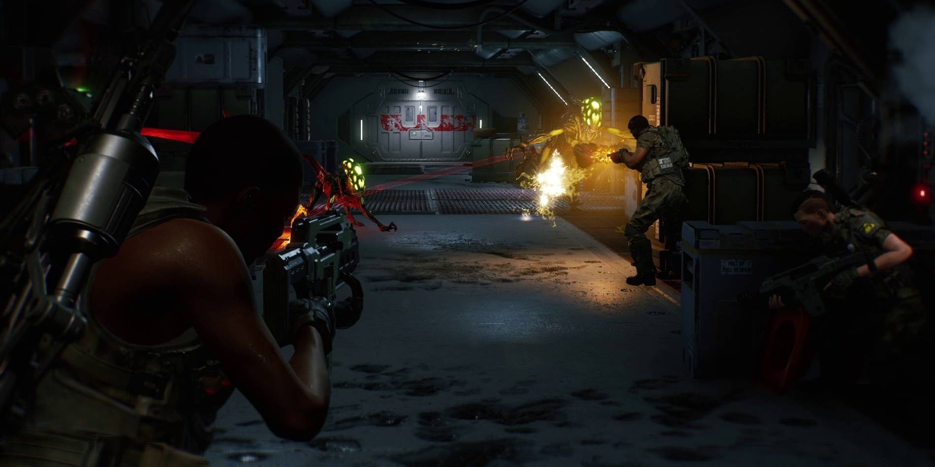 aliens fireteam elite players shooting a hallway with aliens