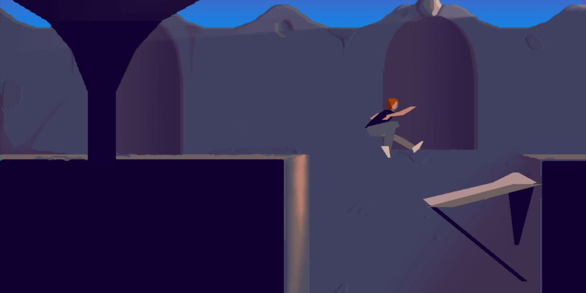 Игрок прыгает с крыши на крышу в Another World.