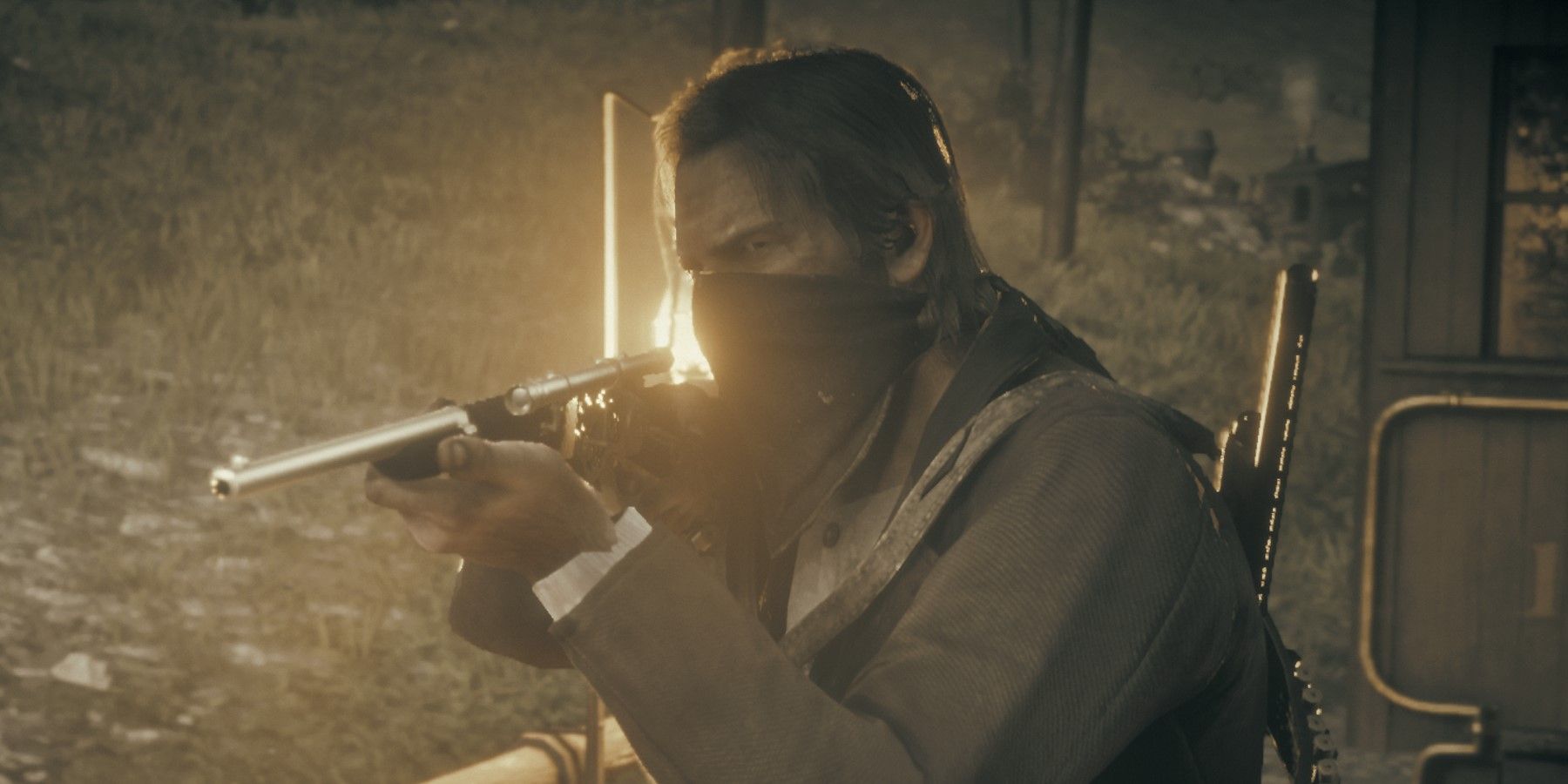 Артур Морган целится из винтовки в Red Dead Redemption 2