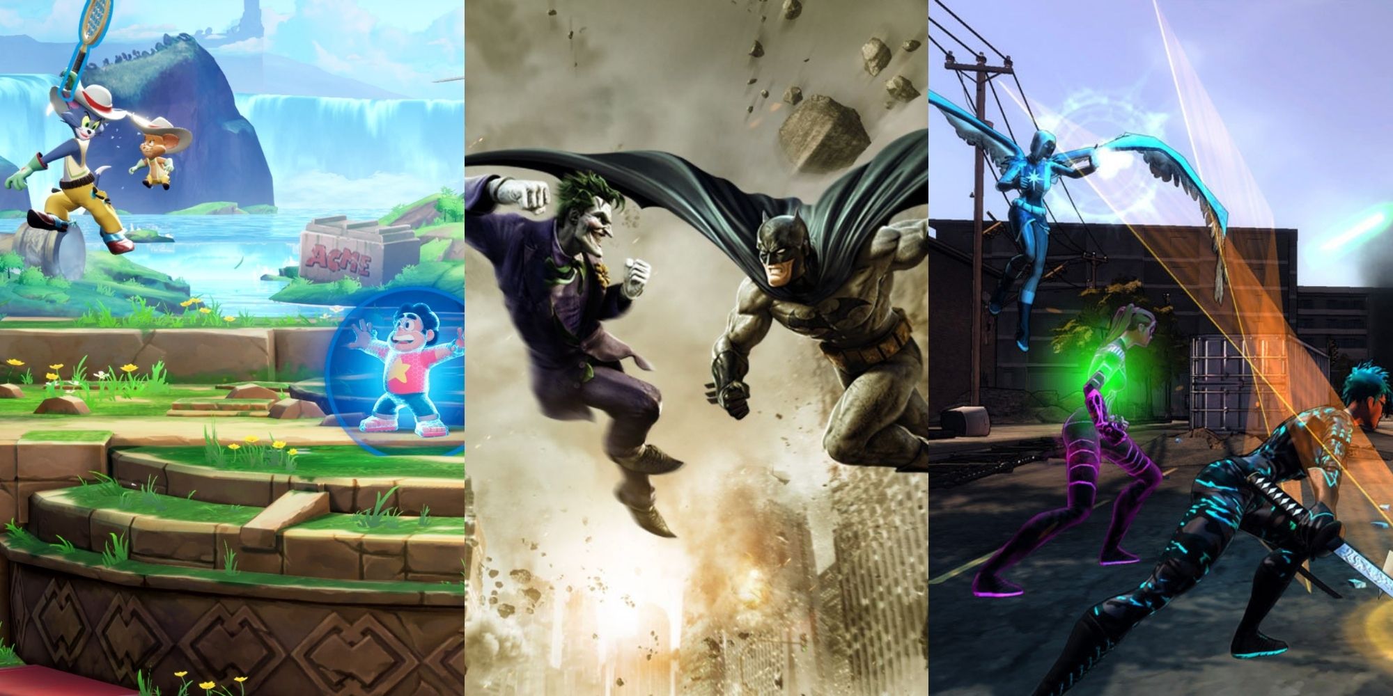 battle in MultiVersus, Joker and Batman in DC Universe Online, battle in Champions Online