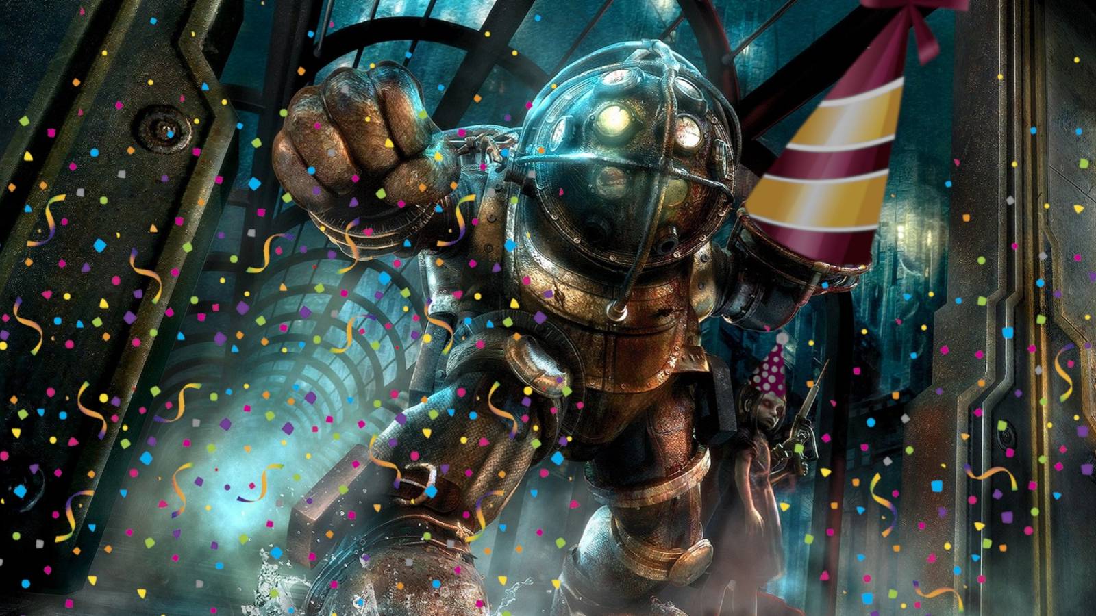 bioshock's big daddy with a party hat and confetti