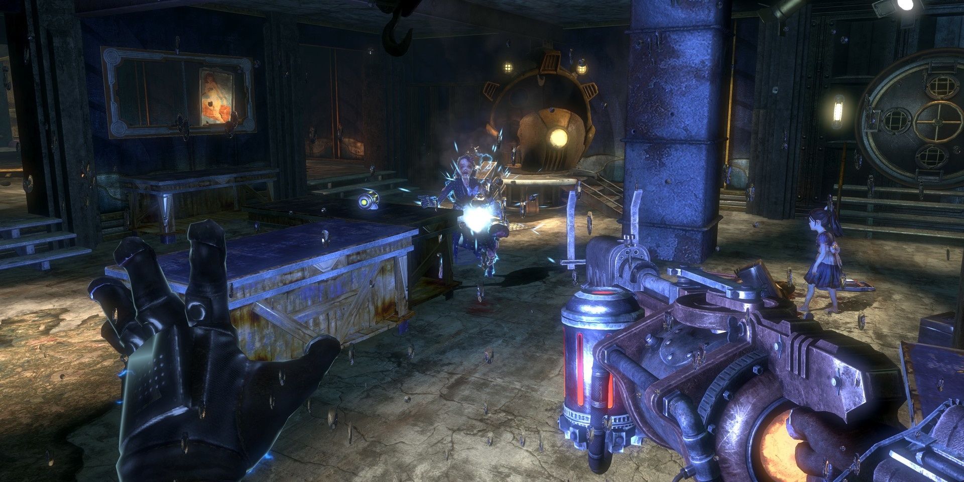bioshock 2 first person view player shooting an enemy Cropped