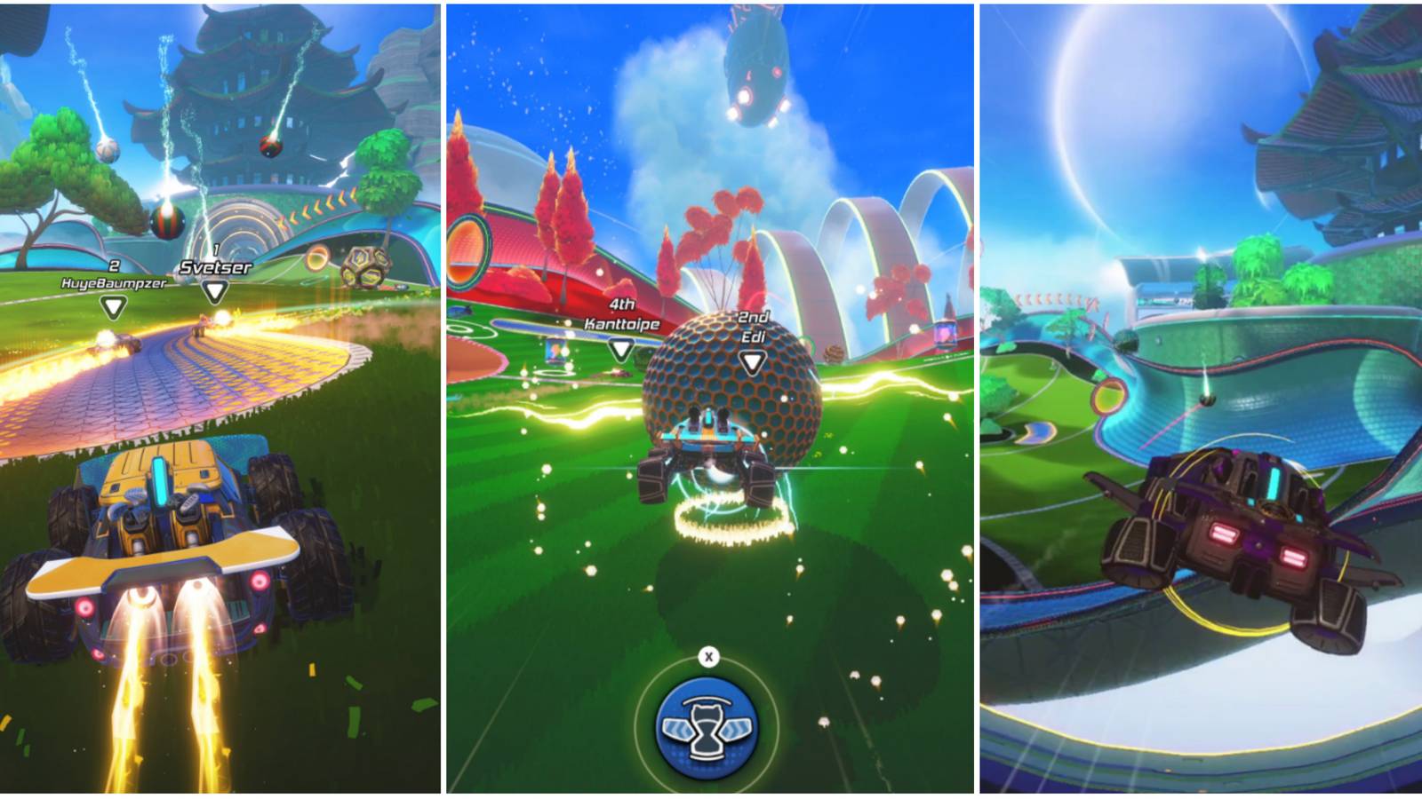 boosting vehicle heading to ball, hitting the giant golf ball, flying across the stage in turbo golf racing featured