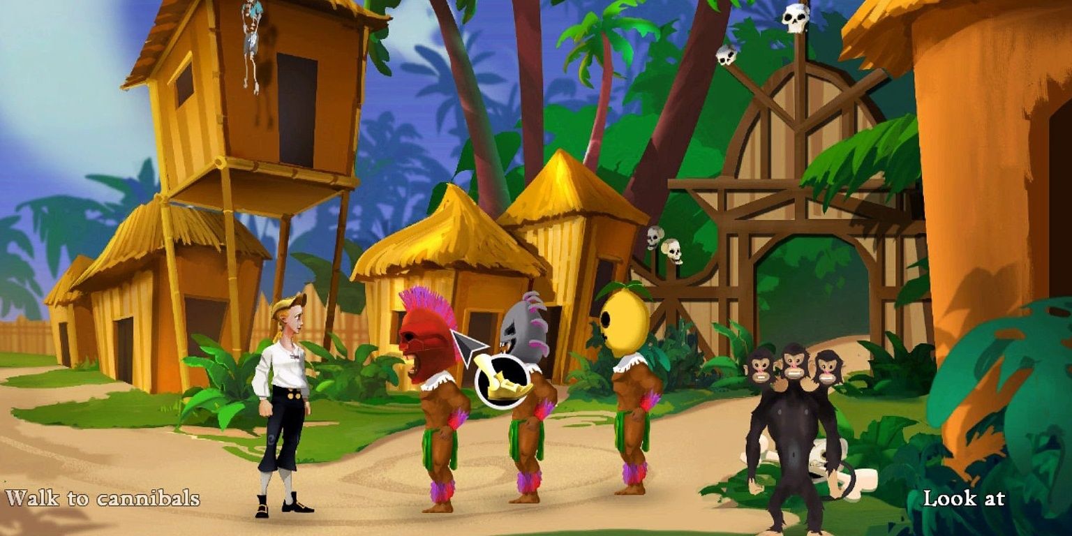 The cannibals confront Guybrush while a three-headed monkey watches