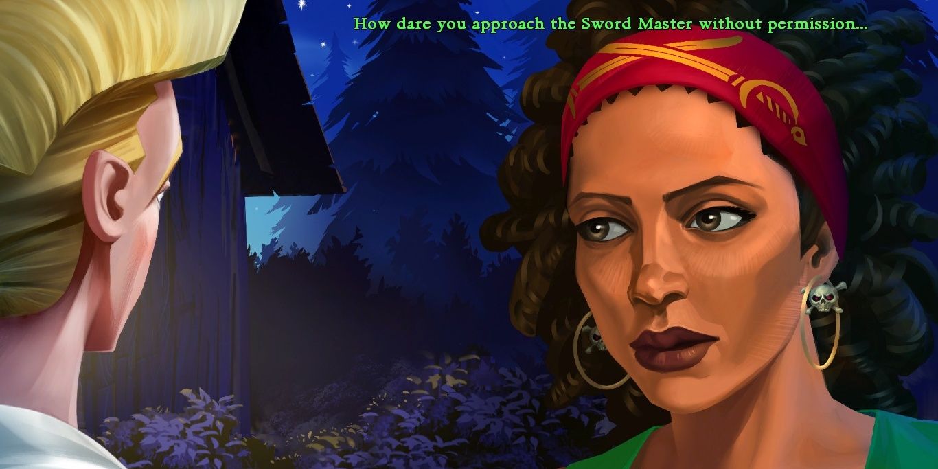 Guybrush is confronted by Carla outside her cabin in the forest
