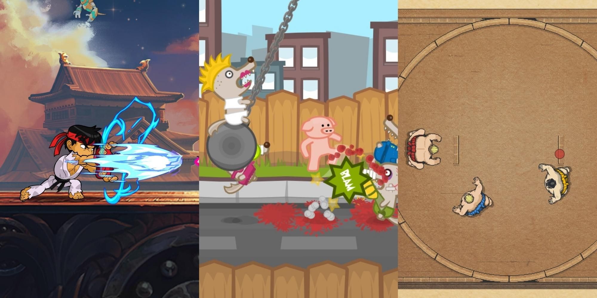 characters fighting in Brawlhalla , pigs and wolves fight in Iron Snout, Sumo wrestlers in Circle of Sumo Online Rumble!