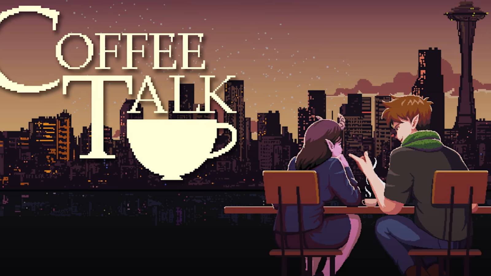 Lua and Baileys talking together over a background of Seattle