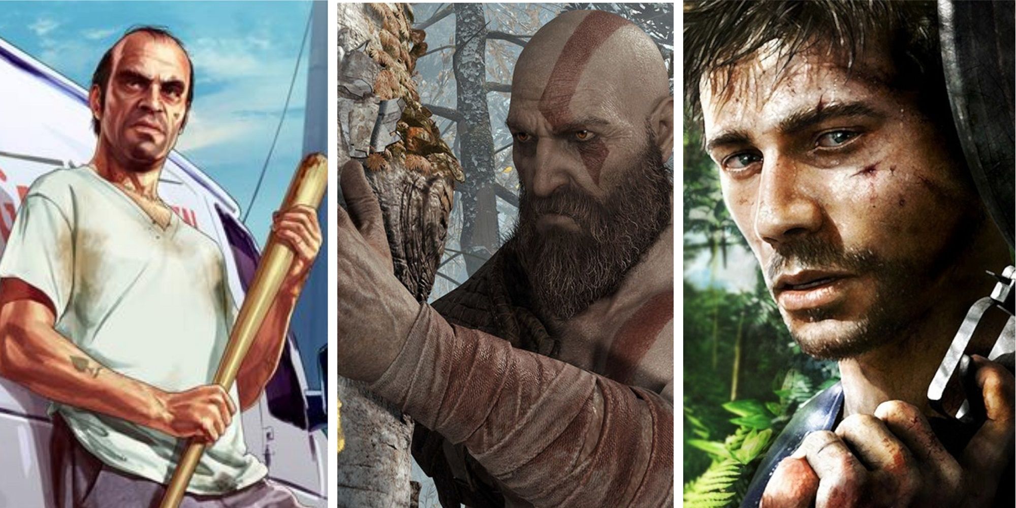 Header Collage Black-hearted protagonists Trevor Phillips Kratos Jason Brody