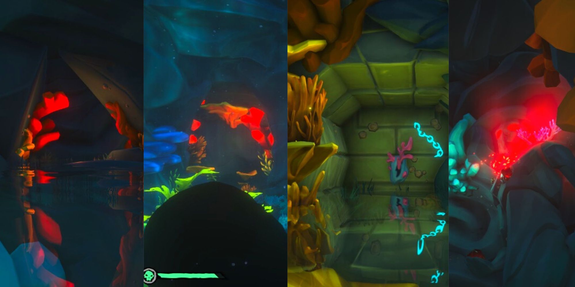 Two Cave Entrances To Hidden Levers, Chain Lever, And Mermaid Statue In The Shrine Of The Coral Tomb In Sea Of Thieves
