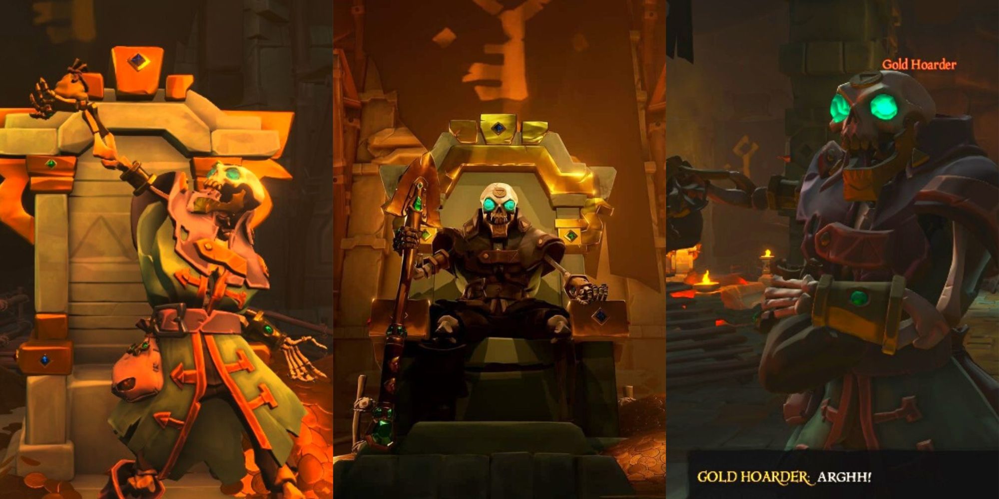 Three Images Of The Gold Hoarder Boss In Sea Of Thieves