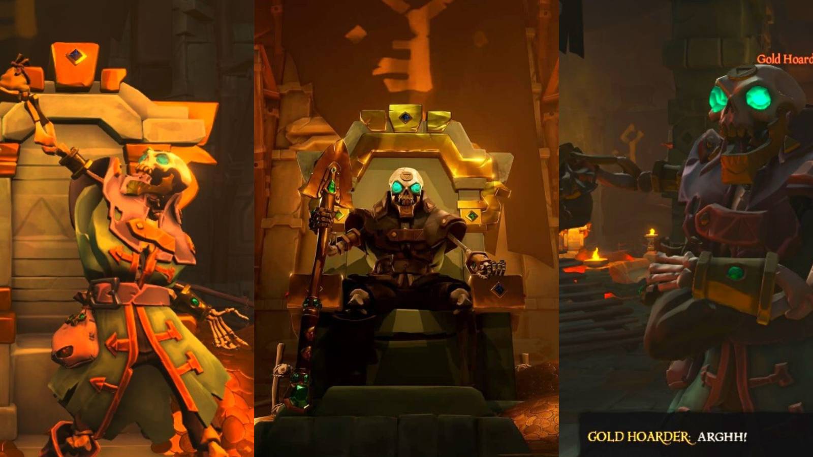 Three Images Of The Gold Hoarder Boss In Sea Of Thieves
