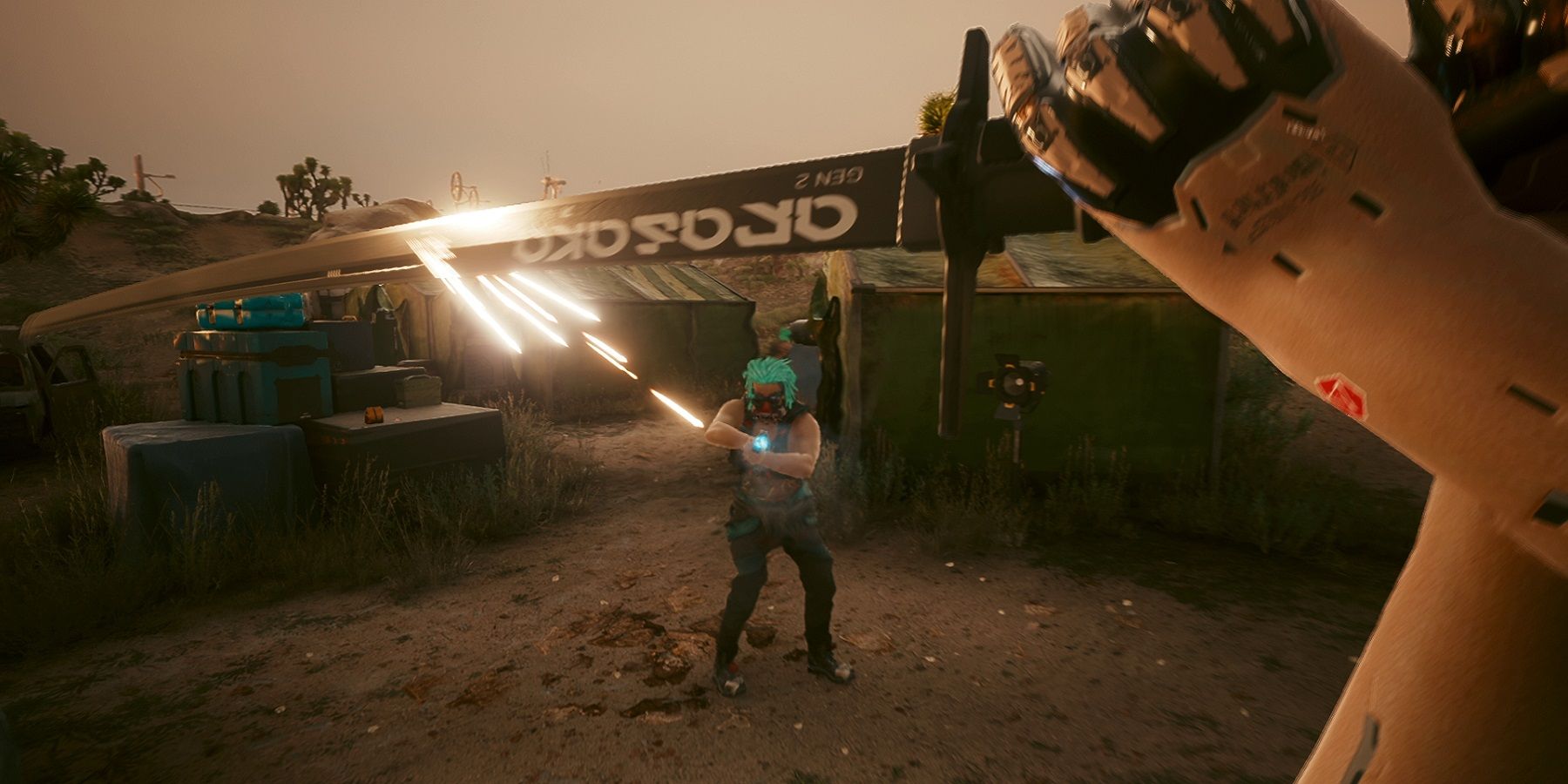 Image from Cyberpunk 2077 showing the player deflecting a bullet with a katana.
